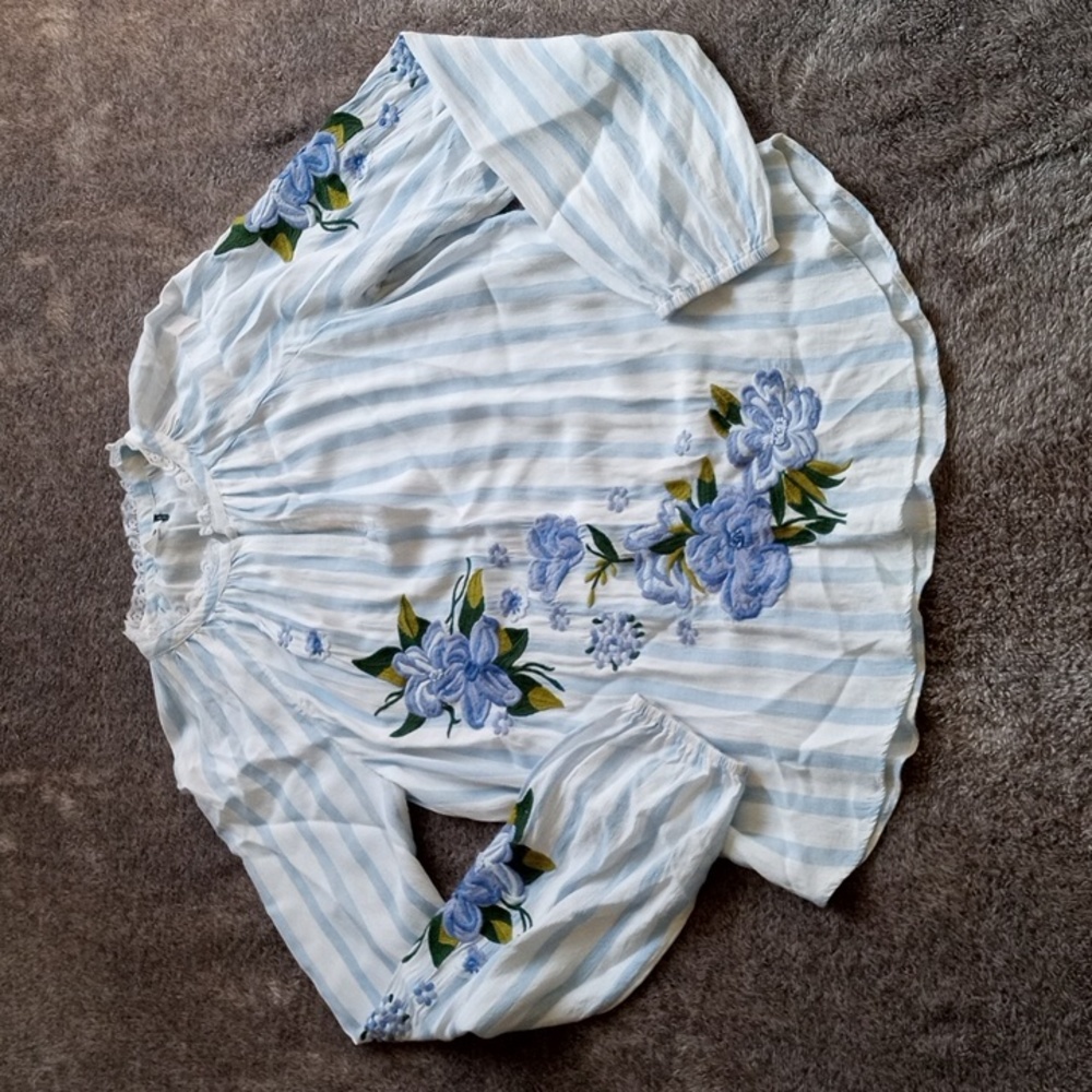 Anthropologie Light Blue & White Striped Floral Embroidered Blouse